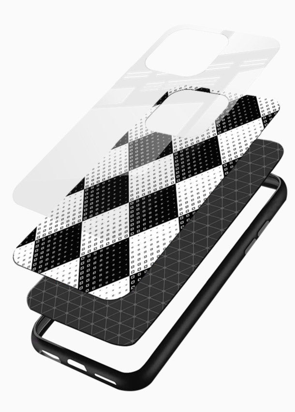 Black White Check checkered pattern glossy vibrant premium glass back cover - Angle Layers