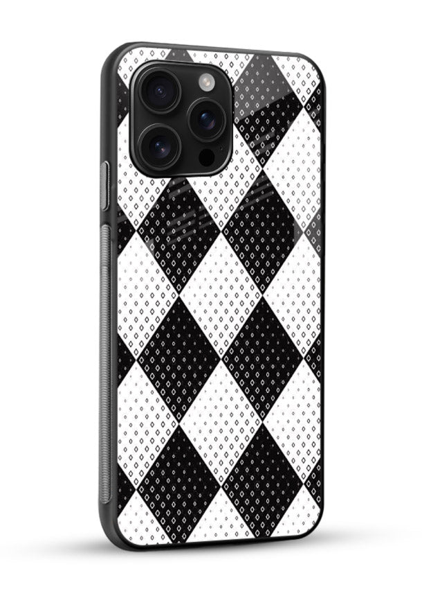 Black White Check checkered pattern glossy vibrant premium glass back cover - Angle Side