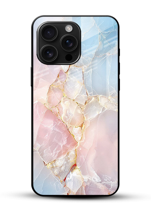 BlackGold Geometric Lines glossy vibrant premium glass back cover with black marble and gold geometric accents - Angle Front