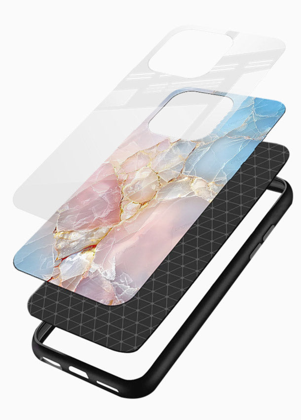 BlackGold Geometric Lines glossy vibrant premium glass back cover with black marble and gold geometric accents - Angle Layers