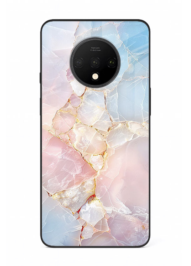BlackGold Geometric Lines OnePlus 7T glass back cover with black marble and gold geometric accents
