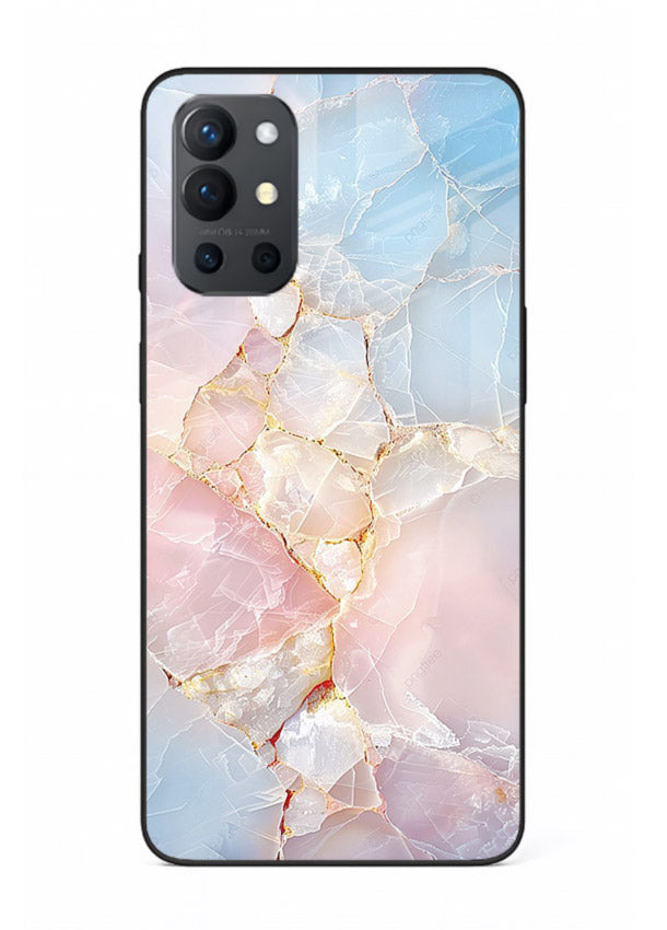 BlackGold Geometric Lines OnePlus 9R glass back cover with black marble and gold geometric accents