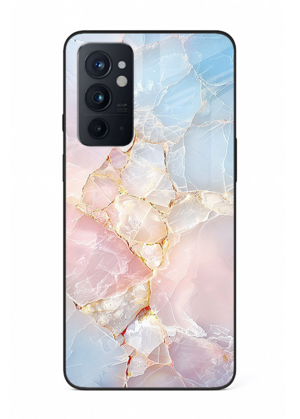 BlackGold Geometric Lines OnePlus 9RT glass back cover with black marble and gold geometric accents