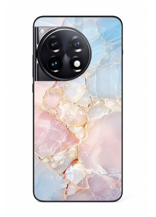 BlackGold Geometric Lines OnePlus 12R glass back cover with black marble and gold geometric accents