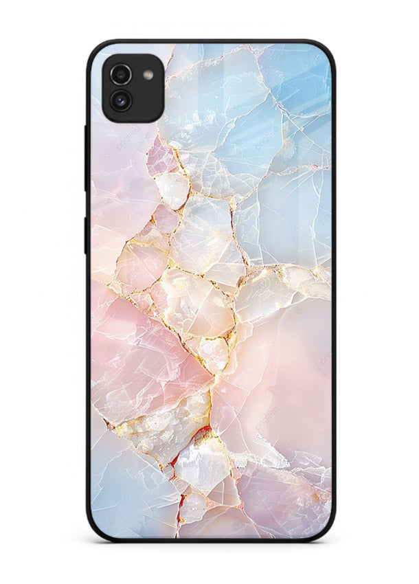 BlackGold Geometric Lines Samsung A03 glass back cover with black marble and gold geometric accents