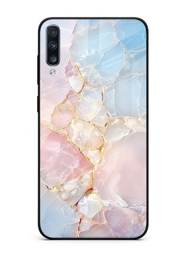 BlackGold Geometric Lines Samsung A50 glass back cover with black marble and gold geometric accents