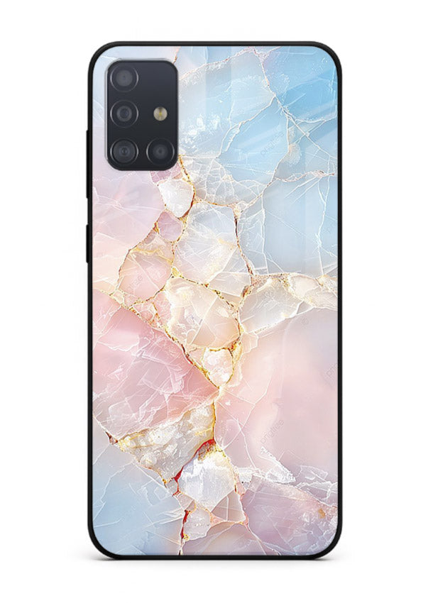BlackGold Geometric Lines Samsung A51 glass back cover with black marble and gold geometric accents