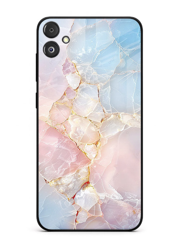 BlackGold Geometric Lines Samsung F14 5G glass back cover with black marble and gold geometric accents