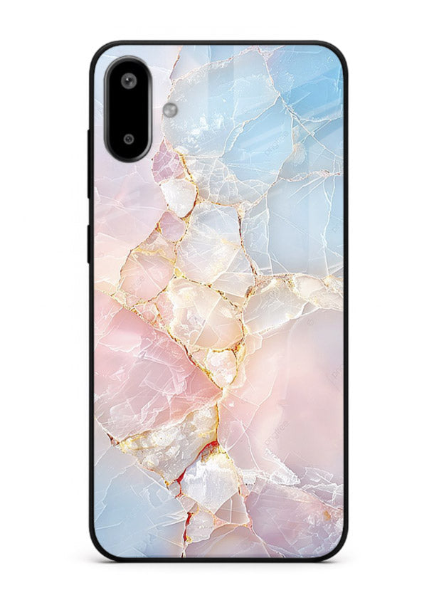 BlackGold Geometric Lines Samsung F06 5G glass back cover with black marble and gold geometric accents