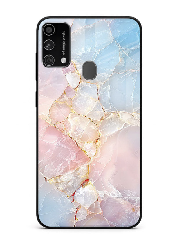 BlackGold Geometric Lines Samsung F41 glass back cover with black marble and gold geometric accents