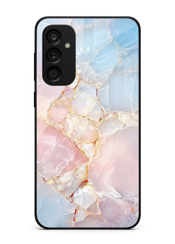 BlackGold Geometric Lines Samsung F34 5G glass back cover with black marble and gold geometric accents
