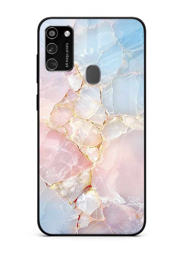 BlackGold Geometric Lines Samsung M21 glass back cover with black marble and gold geometric accents