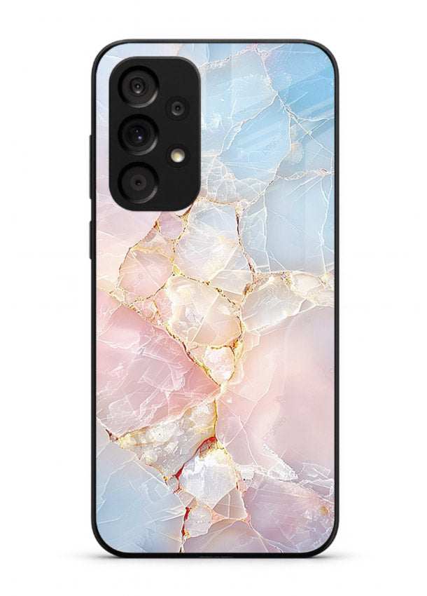 BlackGold Geometric Lines Samsung A23 5G glass back cover with black marble and gold geometric accents