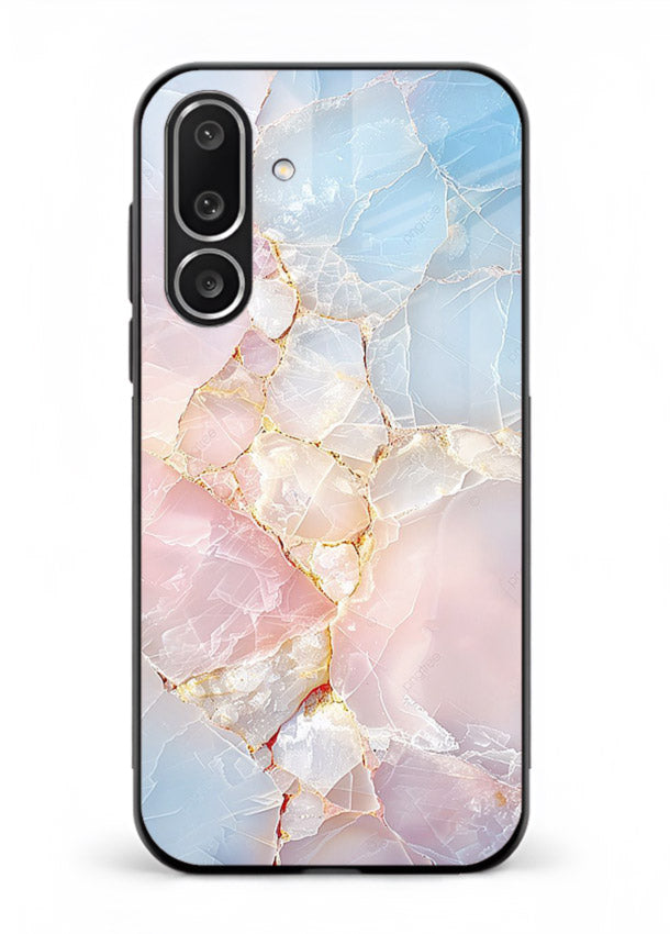 BlackGold Geometric Lines Samsung M56 5G glass back cover with black marble and gold geometric accents