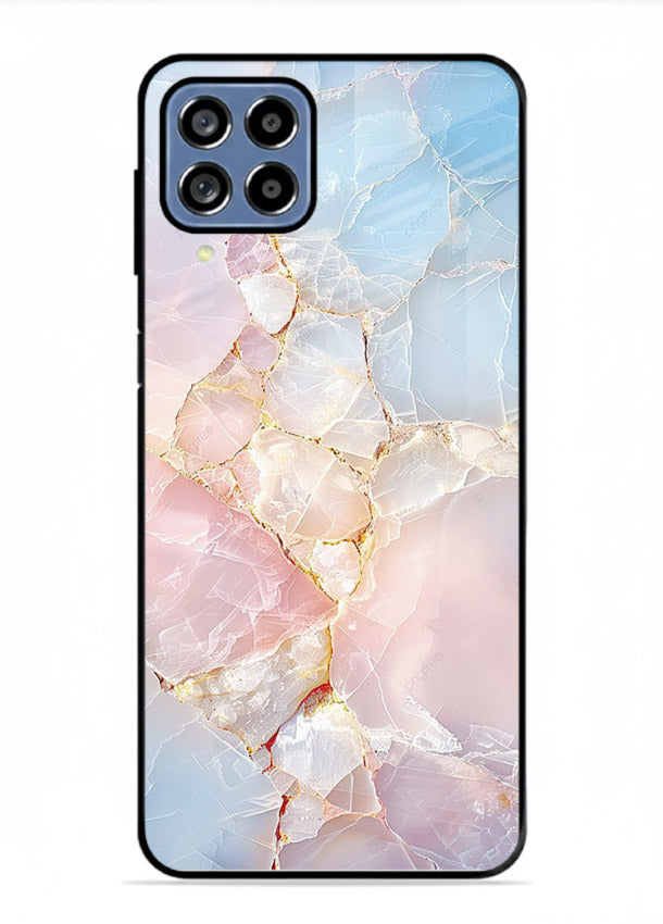 BlackGold Geometric Lines Samsung F22 4G glass back cover with black marble and gold geometric accents