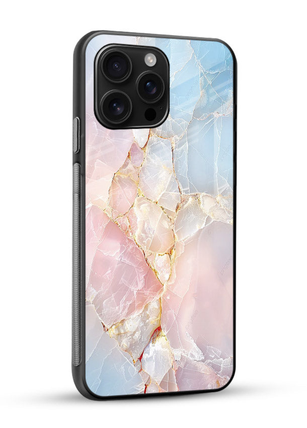 BlackGold Geometric Lines glossy vibrant premium glass back cover with black marble and gold geometric accents - Angle Side