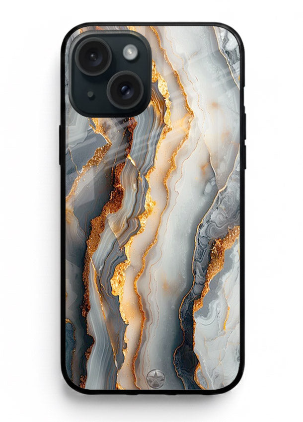 BlackGold Strata Marble iphone 15 plus glass back cover with layered black marble and gold strata