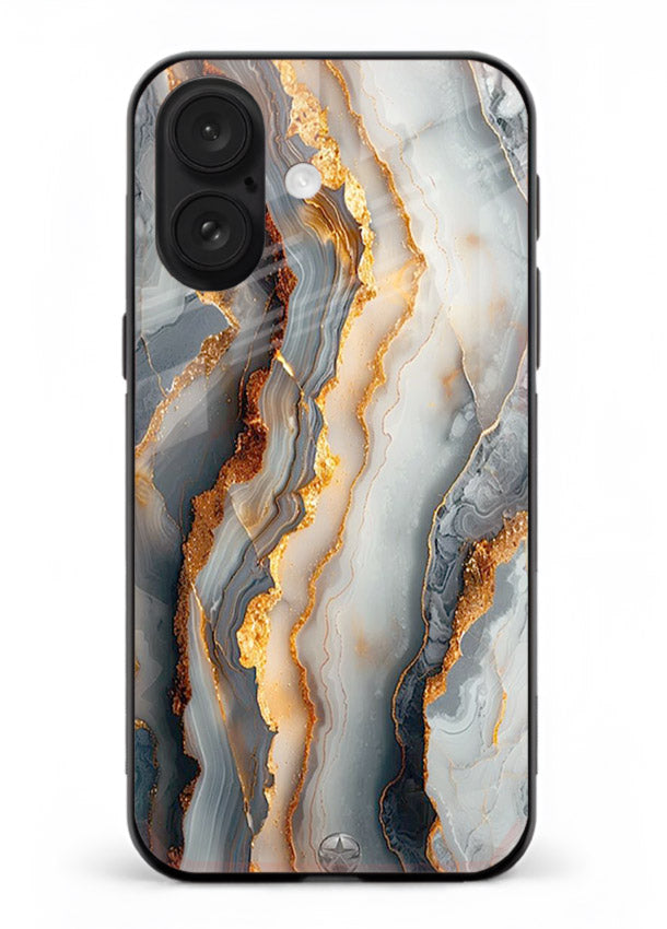 BlackGold Strata Marble iphone 16 glass back cover with layered black marble and gold strata