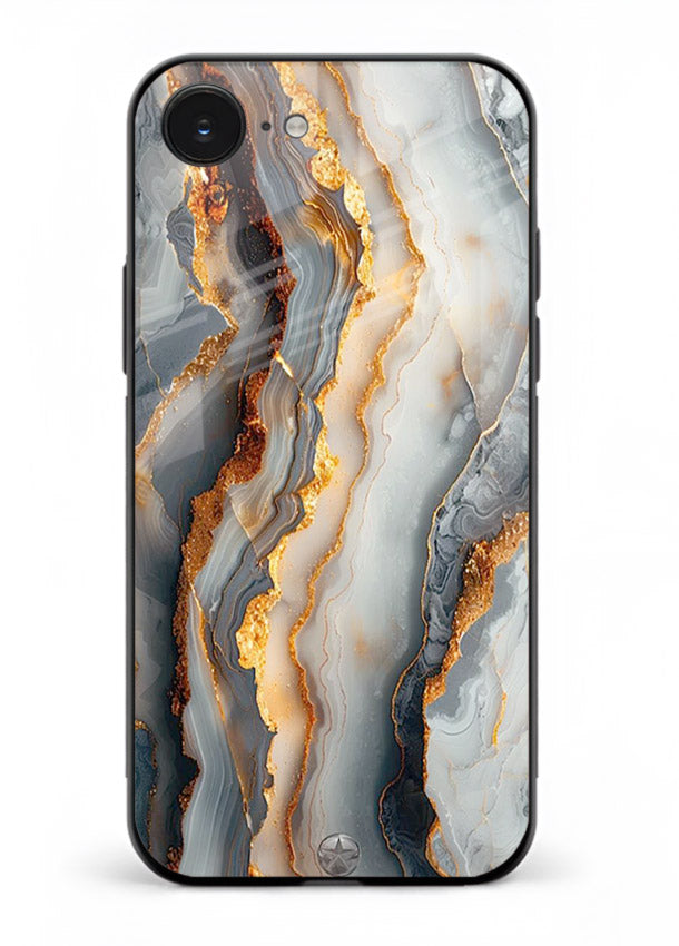 BlackGold Strata Marble iphone 16e glass back cover with layered black marble and gold strata