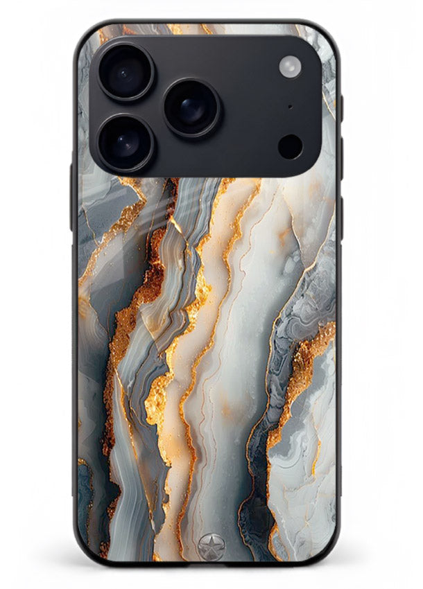 BlackGold Strata Marble iphone 18 pro max glass back cover with layered black marble and gold strata