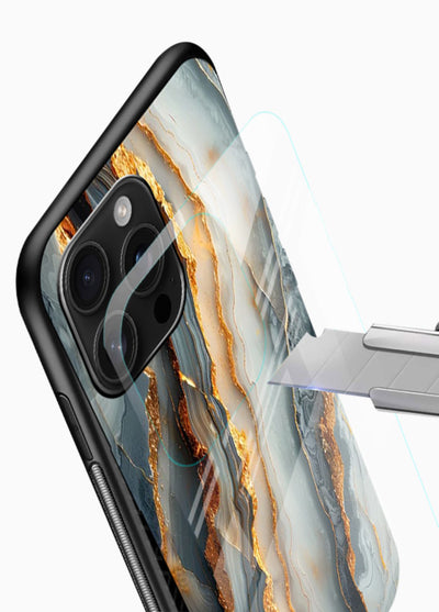 BlackGold Strata Marble glossy vibrant premium glass back cover with layered black marble and gold strata - Angle Blade