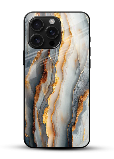 BlackGold Strata Marble glossy vibrant premium glass back cover with layered black marble and gold strata - Angle Front