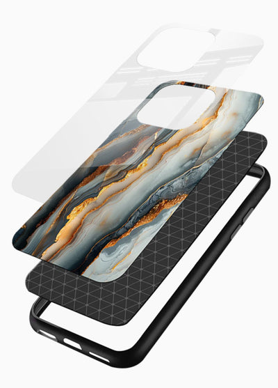 BlackGold Strata Marble glossy vibrant premium glass back cover with layered black marble and gold strata - Angle Layers