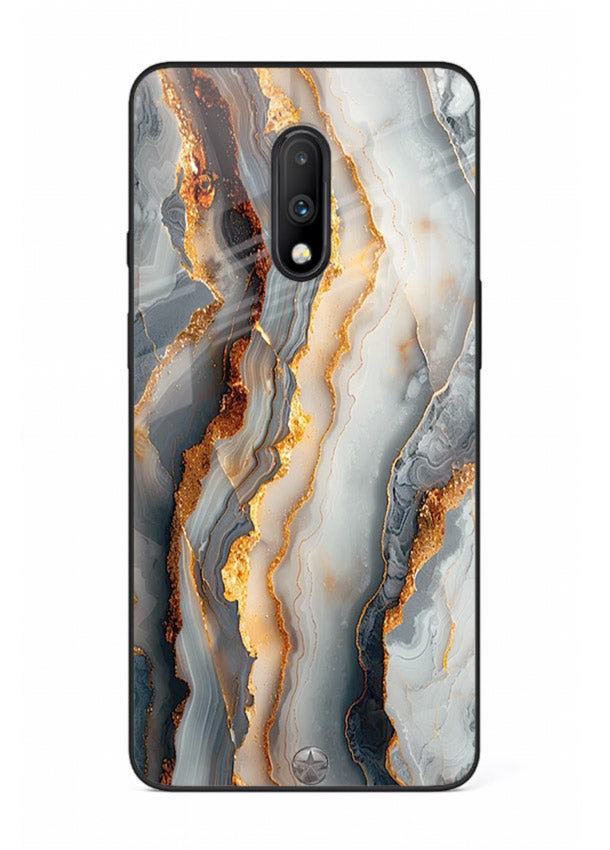 BlackGold Strata Marble OnePlus 7 glass back cover with layered black marble and gold strata