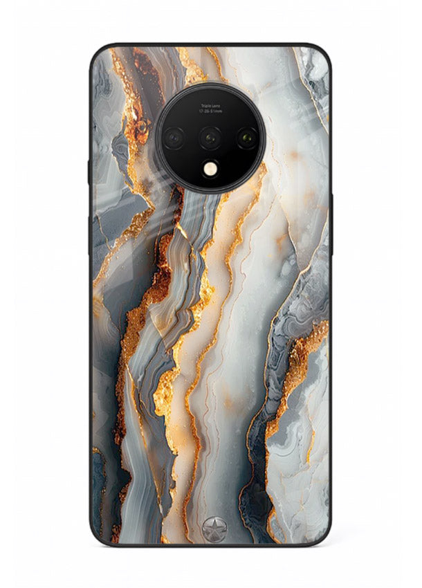 BlackGold Strata Marble OnePlus 7T glass back cover with layered black marble and gold strata