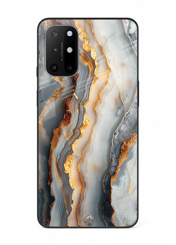 BlackGold Strata Marble OnePlus 8T glass back cover with layered black marble and gold strata