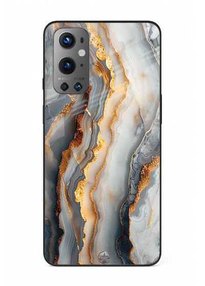 BlackGold Strata Marble OnePlus 9 glass back cover with layered black marble and gold strata