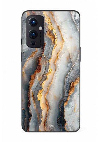 BlackGold Strata Marble OnePlus 9 Pro glass back cover with layered black marble and gold strata