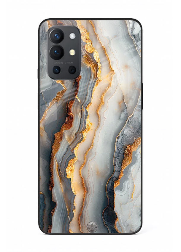 BlackGold Strata Marble OnePlus 9R glass back cover with layered black marble and gold strata