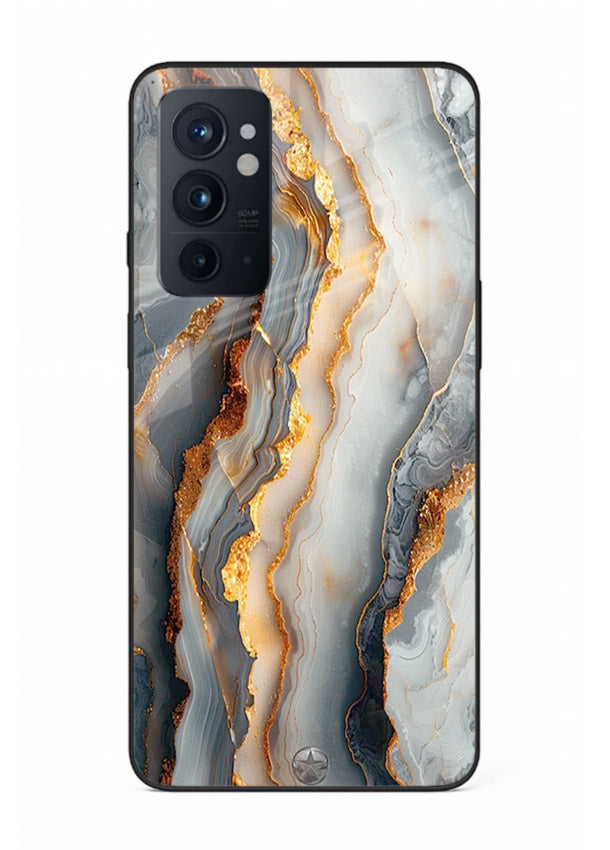 BlackGold Strata Marble OnePlus 9RT glass back cover with layered black marble and gold strata