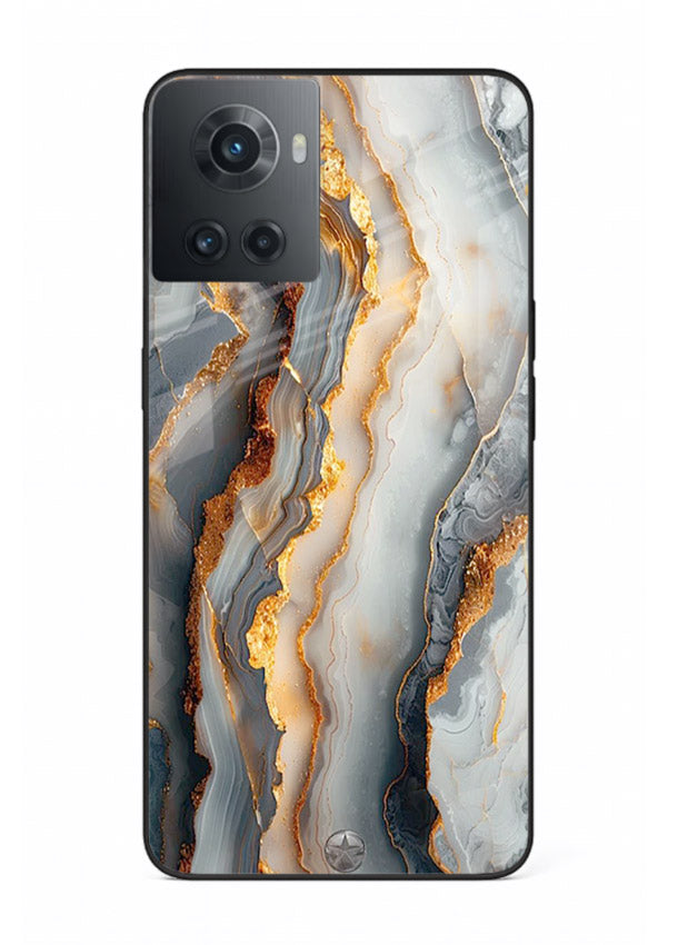 BlackGold Strata Marble OnePlus 10R glass back cover with layered black marble and gold strata