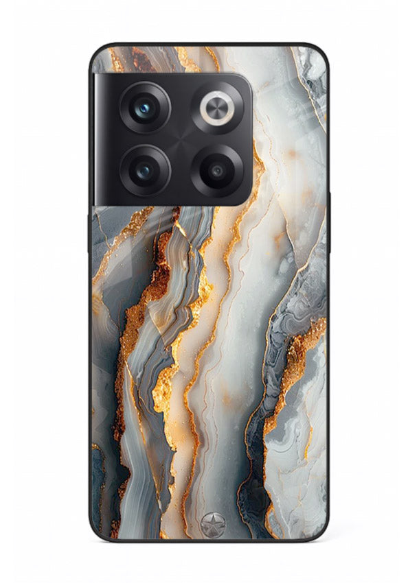 BlackGold Strata Marble OnePlus 10T glass back cover with layered black marble and gold strata