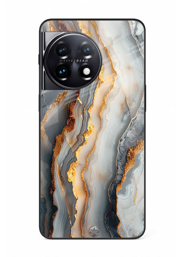 BlackGold Strata Marble OnePlus 11 glass back cover with layered black marble and gold strata