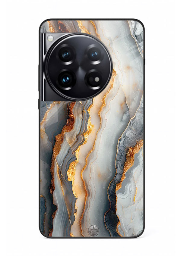 BlackGold Strata Marble OnePlus 12 glass back cover with layered black marble and gold strata