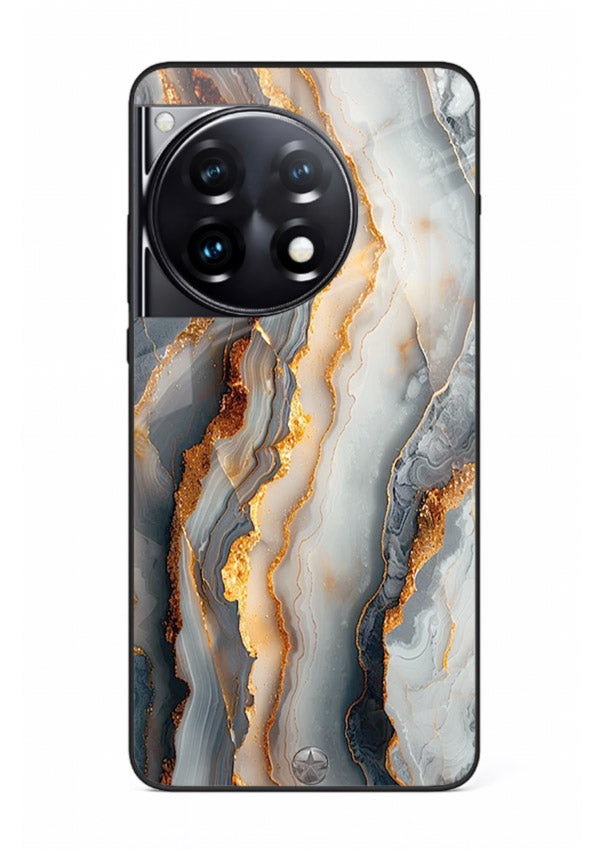 BlackGold Strata Marble OnePlus 12R glass back cover with layered black marble and gold strata