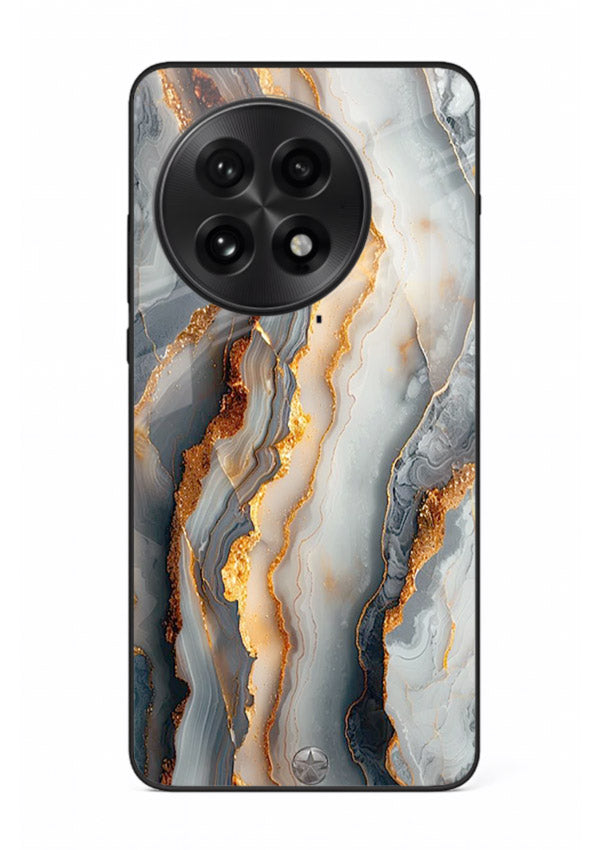 BlackGold Strata Marble OnePlus 13R glass back cover with layered black marble and gold strata