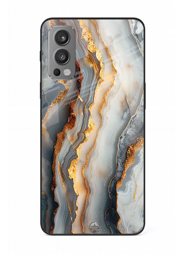 BlackGold Strata Marble OnePlus Nord 2 glass back cover with layered black marble and gold strata