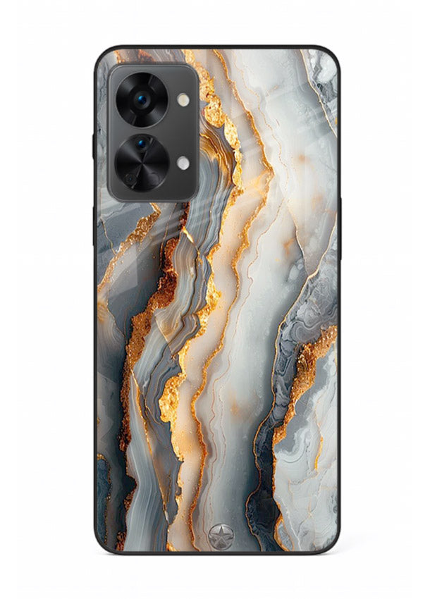 BlackGold Strata Marble OnePlus Nord 2T glass back cover with layered black marble and gold strata