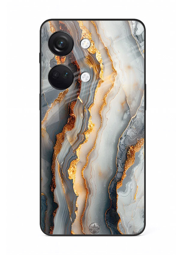 BlackGold Strata Marble OnePlus Nord 3 glass back cover with layered black marble and gold strata