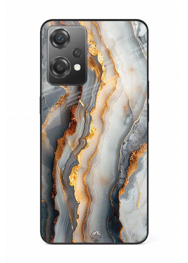 BlackGold Strata Marble OnePlus Nord CE2 Lite 5G glass back cover with layered black marble and gold strata
