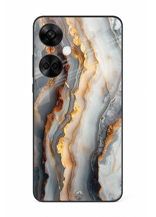 BlackGold Strata Marble OnePlus Nord CE3 glass back cover with layered black marble and gold strata