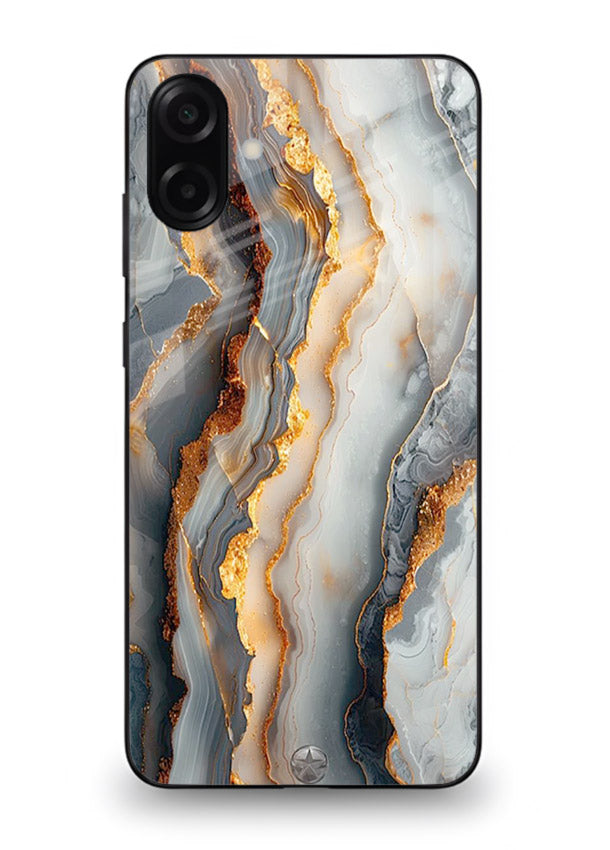 BlackGold Strata Marble Samsung A07 4G glass back cover with layered black marble and gold strata