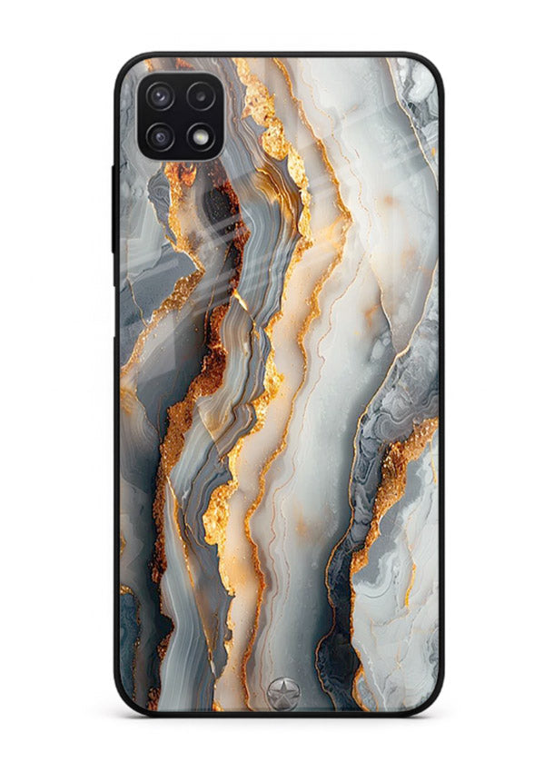 BlackGold Strata Marble Samsung F42 5G glass back cover with layered black marble and gold strata