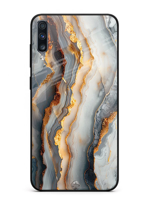 BlackGold Strata Marble Samsung A50 glass back cover with layered black marble and gold strata