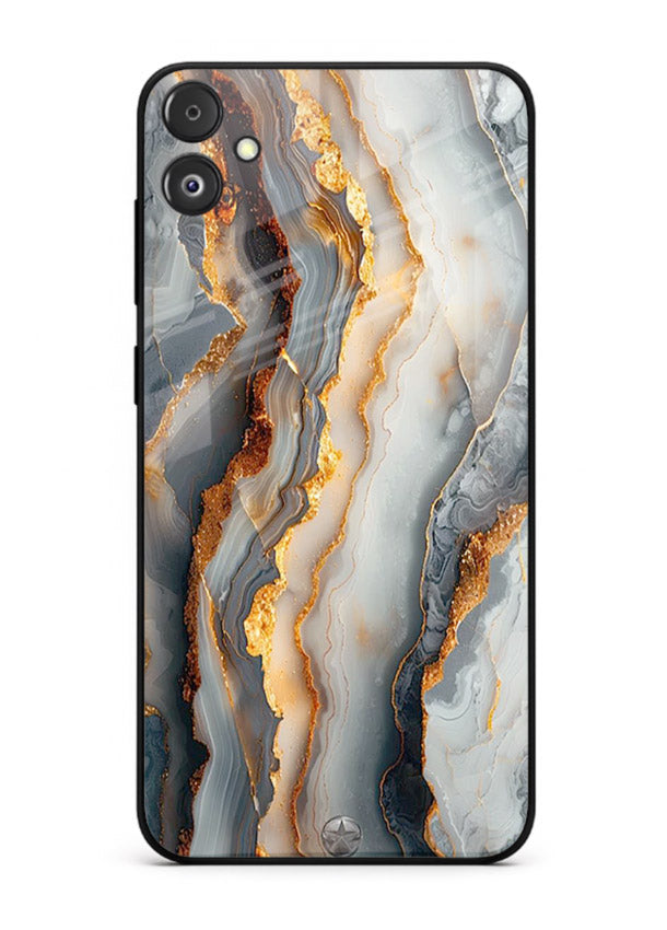 BlackGold Strata Marble Samsung F04 5G glass back cover with layered black marble and gold strata