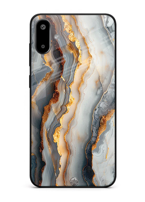 BlackGold Strata Marble Samsung F06 5G glass back cover with layered black marble and gold strata